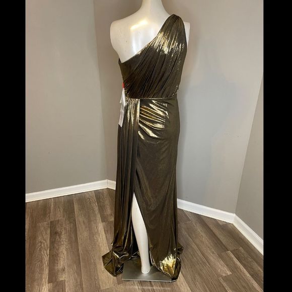 MAC DUGGAL METALLIC DRAPED ONE SHOULDER GRECIAN EVENING DRESS - Picture 6 of 15